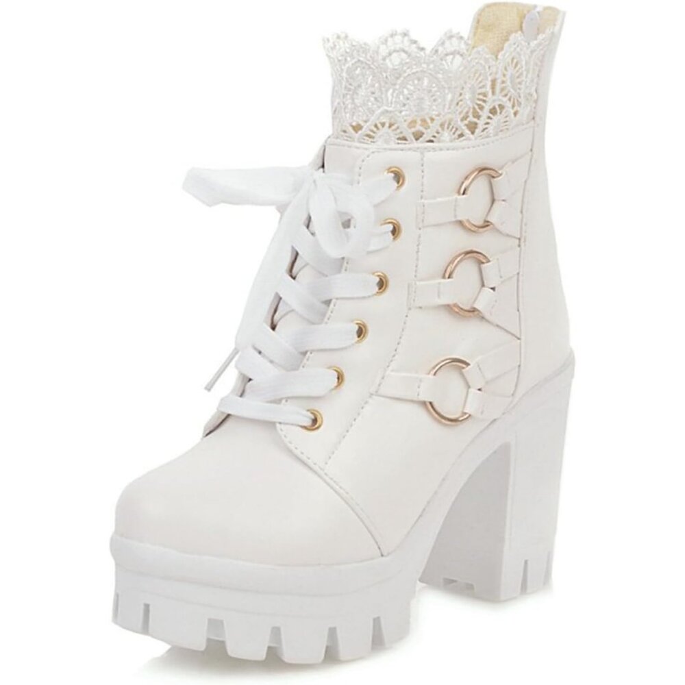 Meotina Women Combat White Microfiber High Heel Rivets Platform Ankle Bootie